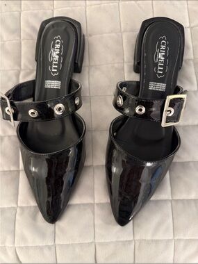 Black Patent Pointed-Toe Mule with Buckle Strap